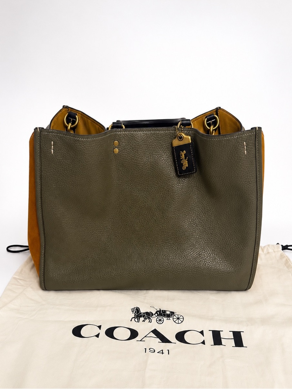 Coach Rogue 39 Olive Green Pebbled Leather Cognac Suede Large Tote Bag